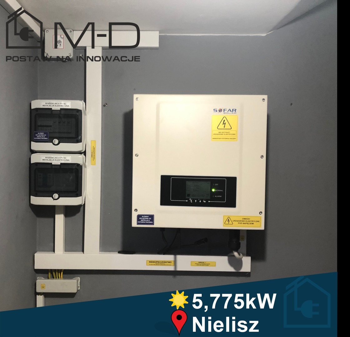 Biały inwerter fotowoltaiczny marki Sofar zamontowany na szarej ścianie, obok dwie rozdzielnice prądu stałego z żółtymi naklejkami ostrzegawczymi, widoczne kable w listwach przypodłogowych.