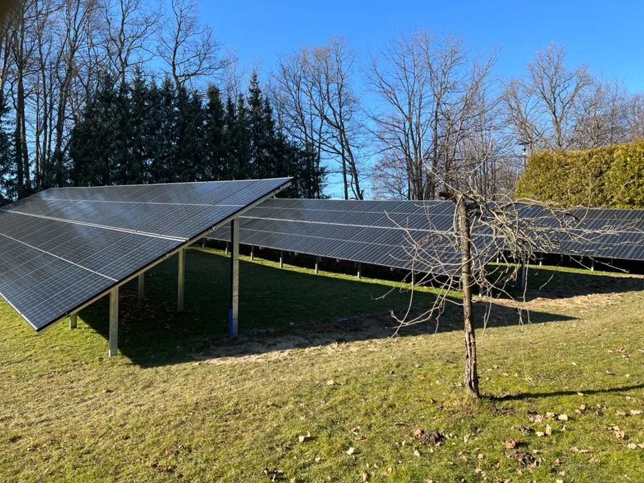 Rząd paneli słonecznych na metalowych podporach ustawionych na trawniku w słoneczny dzień, w tle drzewa bez liści i zimozielone krzewy.