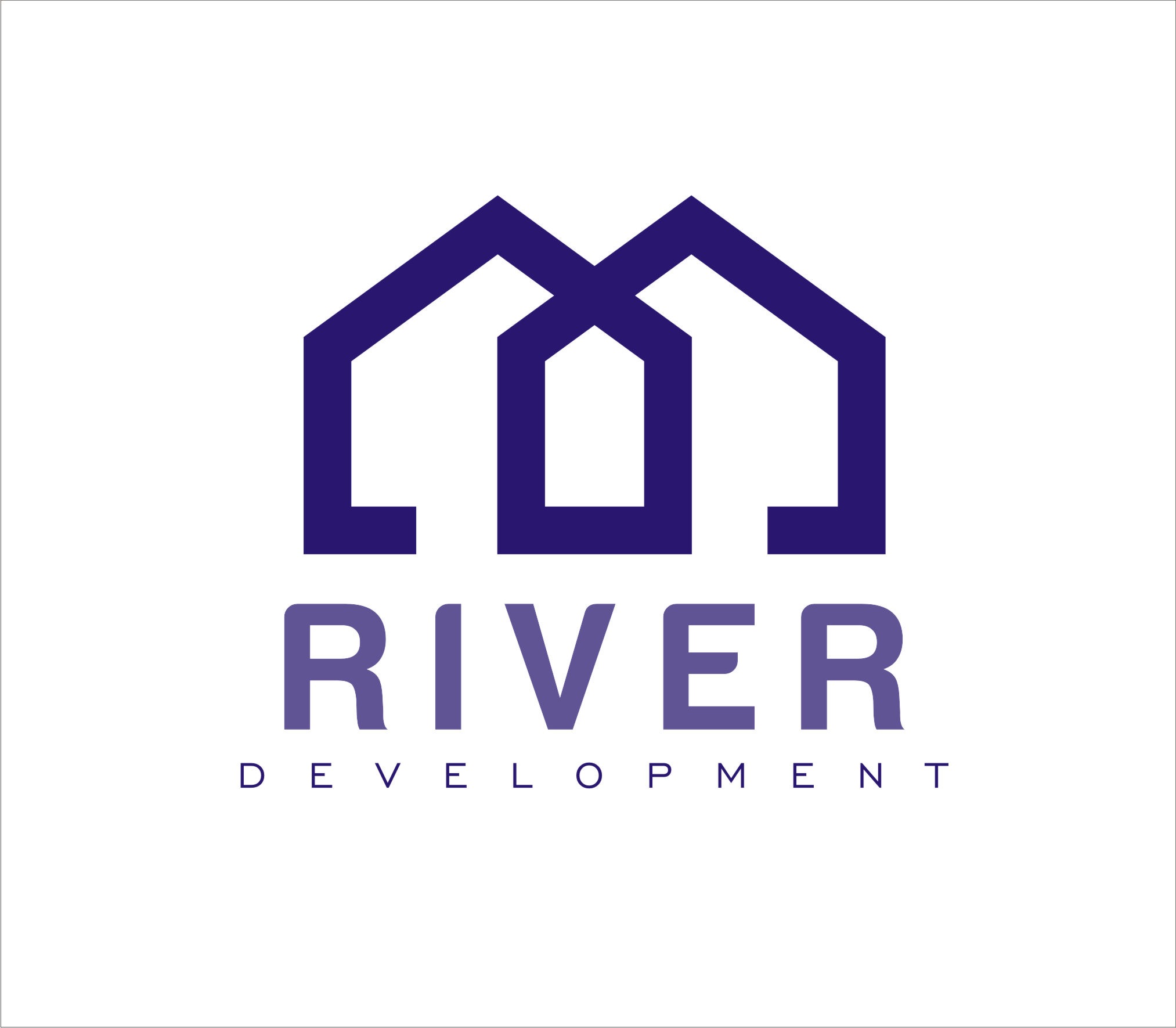 Logo firmy River Development przedstawiające stylizowane kontury trzech domów w kolorze fioletowym, umieszczone nad nazwą firmy.