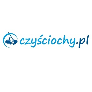 Logo firmy czysciochy.pl z grafiką przedstawiającą zmiotkę i szufelkę w kolorze niebieskim na białym tle.