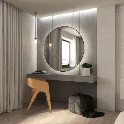 Toaletka z okrągłym lustrem podświetlonym LED, drewniane krzesło o geometrycznej formie, zasłony w beżowym odcieniu i pufa z narzutą w nowoczesnej sypialni.