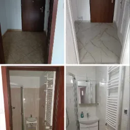 Kolaż przedstawiający przedpokój z brązowymi drzwiami wejściowymi oraz łazienkę z kabiną prysznicową, umywalką i grzejnikiem drabinkowym, ukazujący stan przed i po remoncie.