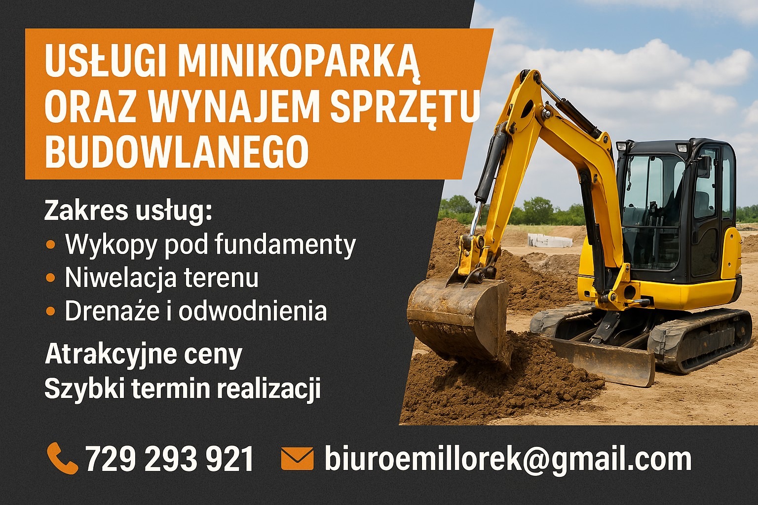 Żółta minikoparka w trakcie prac ziemnych. Widoczny zakres usług: wykopy pod fundamenty, niwelacja terenu, drenaże i odwodnienia oraz kontakt telefoniczny i mailowy.