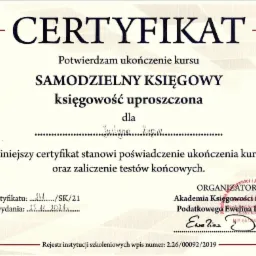 Skan certyfikatu ukończenia kursu samodzielnego księgowego z podpisem Eweliny Dulęby, wydany w 2021 roku.