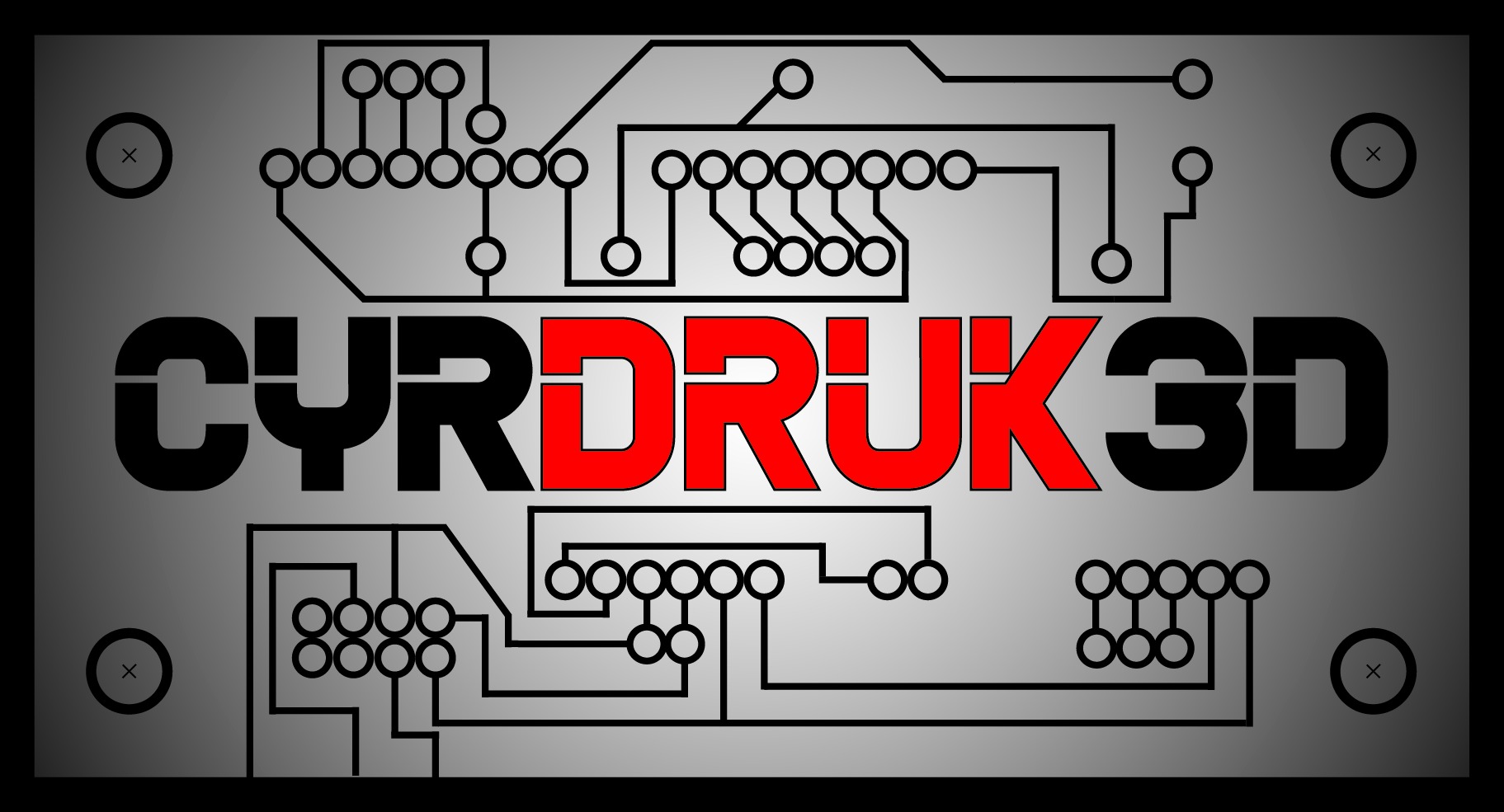Graficzne logo firmy CYRDRUK3D, zintegrowane z motywem obwodu drukowanego na szarym tle.