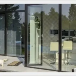 Nowoczesne przesuwne drzwi tarasowe z czarnymi ramami i dużymi taflami szkła, widok na wnętrze domu z białymi meblami kuchennymi i krzesłami barowymi, mały biały pies na zewnątrz.