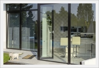 Nowoczesne przesuwne drzwi tarasowe z czarnymi ramami i dużymi taflami szkła, widok na wnętrze domu z białymi meblami kuchennymi i krzesłami barowymi, mały biały pies na zewnątrz.