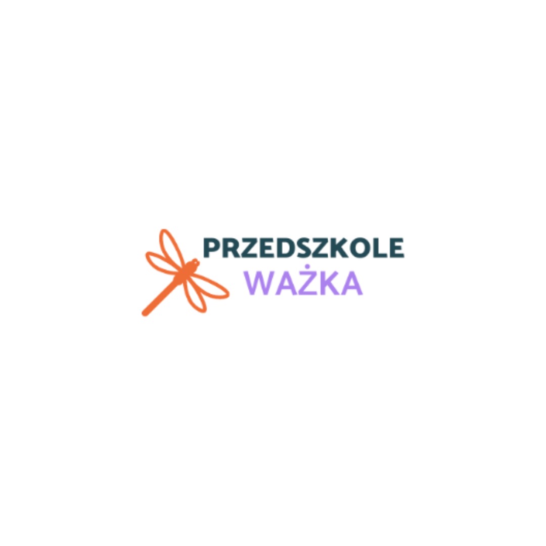 Logo z pomarańczową ważką po lewej stronie i napisem 'PRZEDSZKOLE WAŻKA' w kolorach ciemnozielonym i fioletowym.