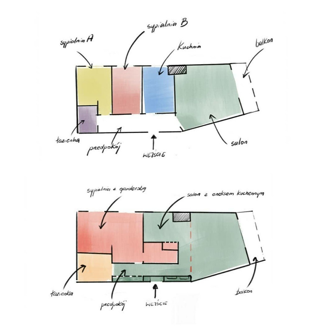 Szkic odręczny dwóch wariantów planu mieszkania z zaznaczonymi pomieszczeniami: sypialnie, kuchnia, salon, łazienka, przedpokój, balkon, wejście. Rzuty różnią się układem i wielkością pomieszczeń.