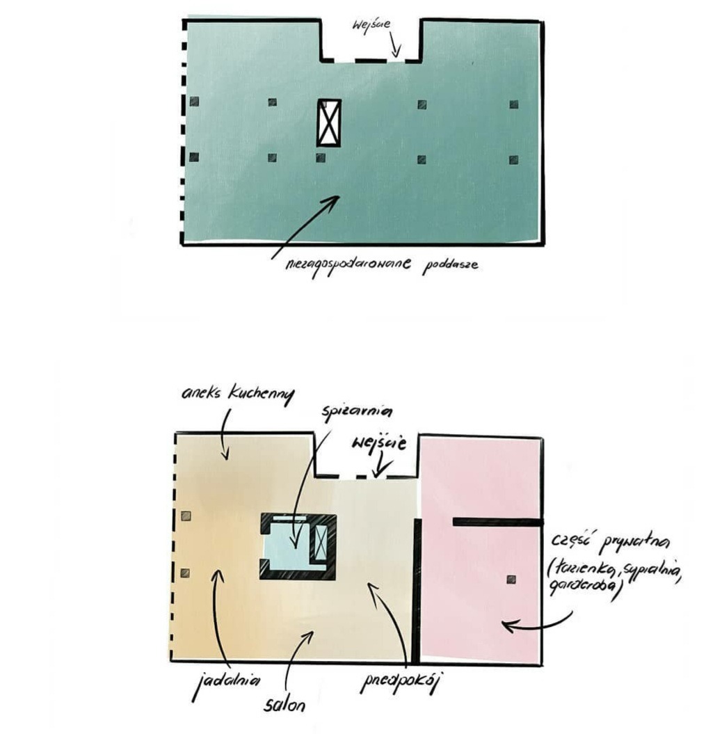 Ręcznie rysowany plan mieszkania z Torunia, przedstawiający układ pomieszczeń: salon z jadalnią, aneks kuchenny, spiżarnię, przedpokój oraz część prywatną z łazienką i sypialnią. Dodatkowo plan...