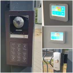 Zestawienie elementów systemu domofonowego: panel zewnętrzny Hikvision z klawiaturą numeryczną na metalowej bramie, monitor wewnętrzny Hikvision z kolorowym wyświetlaczem oraz przycisk dzwonka...