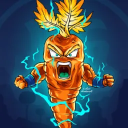 Karykaturalna ilustracja marchewki w stylu anime, z muskularnymi ramionami, rozwścieczoną miną i aureolą elektrycznych wyładowań na ciemnoniebieskim tle.