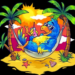 Kreskówkowy, relaksujący niebieski ptak w okularach przeciwsłonecznych, leżący w hamaku między palmami na plaży, popijający różowy napój pod słońcem.