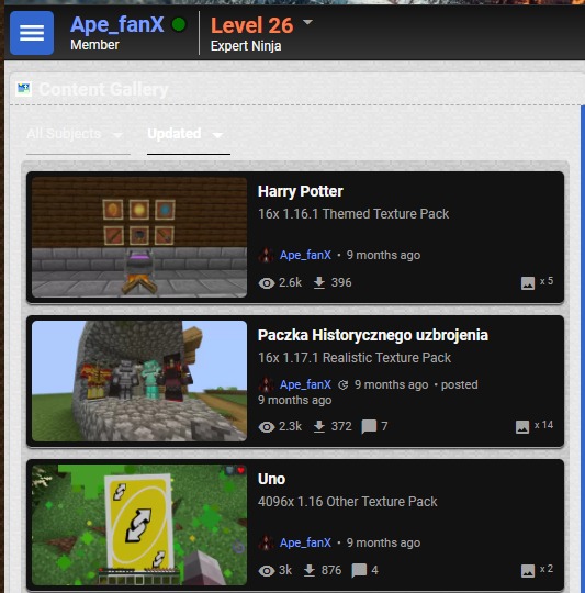 Z pasji robie texturpacki do kinecraft pod nazwą Ape_fanX