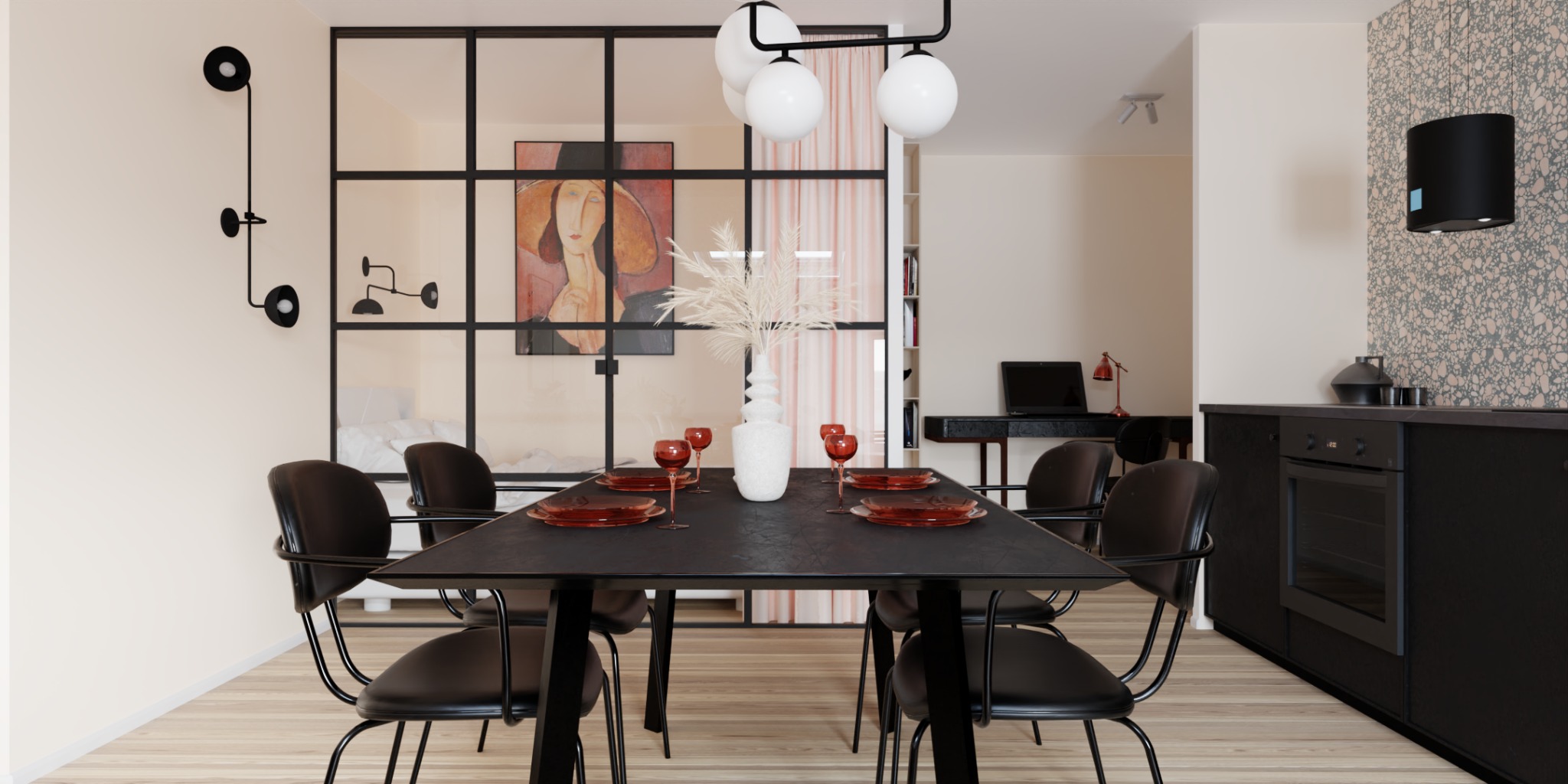 Nowoczesna jadalnia z czarnym stołem, krzesłami i zastawą w odcieniach czerwieni, oddzielona szklaną ścianką działową od sypialni z widocznym łóżkiem i obrazem na ścianie.