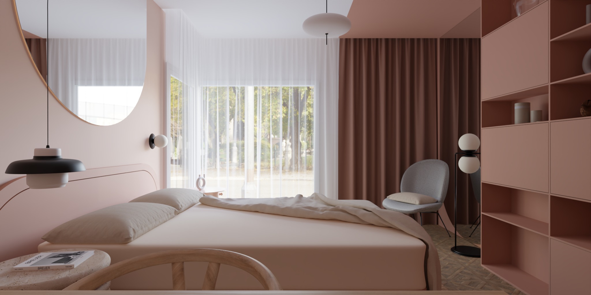 Pokój w odcieniach różu i brązu z łóżkiem, krzesłem i regałem, oświetlony naturalnym światłem wpadającym przez okno z widokiem na zieleń.