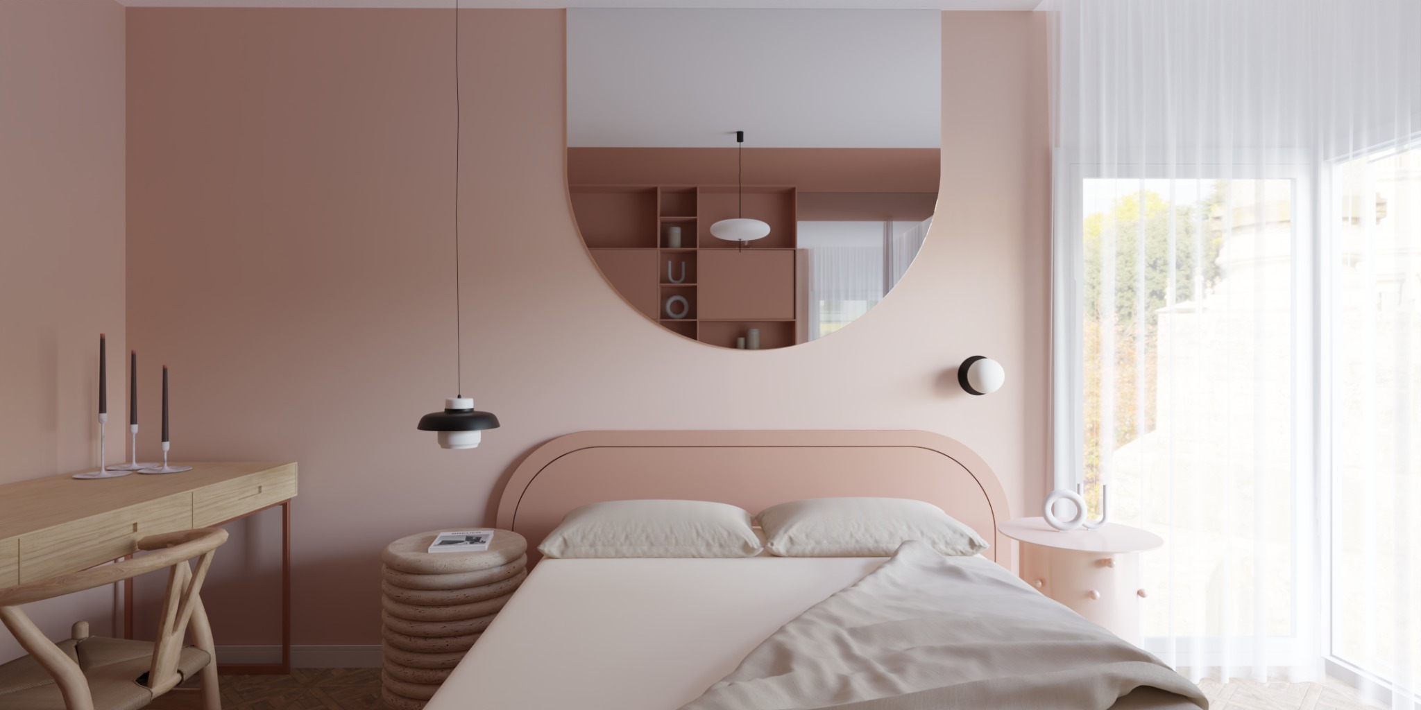 Pokój w pudrowym różu z łóżkiem, stolikiem nocnym, biurkiem i lustrem w kształcie półksiężyca, odbijającym regał z dekoracjami.