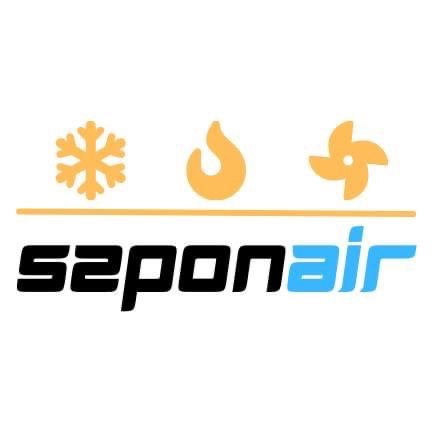 Logo firmy Saponair z symbolami płatka śniegu, płomienia i wentylatora, umieszczone nad nazwą firmy w kolorach czarnym i błękitnym.