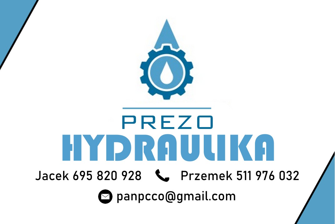 Wizytówka firmy hydraulicznej z logo przedstawiającym kroplę wewnątrz koła zębatego, nazwa firmy 'PREZO HYDRAULIKA', numery telefonów i adres e-mail.