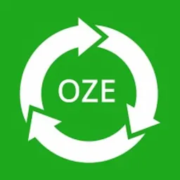 Symbol odnawialnych źródeł energii: biały okrąg z trzema strzałkami w ruchu obrotowym na jaskrawozielonym tle, wewnątrz napis OZE.