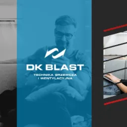 Grafika reklamowa firmy DK Blast, specjalizującej się w technice grzewczej i wentylacyjnej, z klimatyzatorem ściennym w tle i osobami korzystającymi z laptopa i smartfona na kanapie.