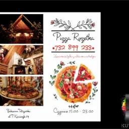 Kolaż reklamowy pizzerii: drewniany budynek restauracji nocą, wnętrze z kominkiem i portretem, pizza na talerzu, grafika akwarelowa pizzy z informacjami kontaktowymi i adresem.