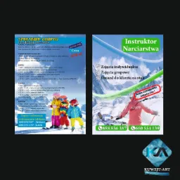 Plakat reklamujący szkółkę narciarską: harmonogram zajęć, cena, kontakt telefoniczny, instruktor na stoku i dzieci podczas lekcji narciarstwa.