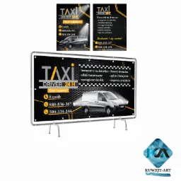 Dwa projekty graficzne reklamy taksówki z minivanem, oferującej transport na lotnisko, szlaki turystyczne, wyciągi narciarskie, baseny termalne, spływy Dunajcem oraz imprezy i przyjęcia, z numerami...