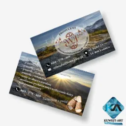 Dwie wizytówki producenta pantofli i trepów ze skóry naturalnej, z widokiem górskim i informacjami kontaktowymi oraz ofertą, w prawym dolnym rogu logo firmy.