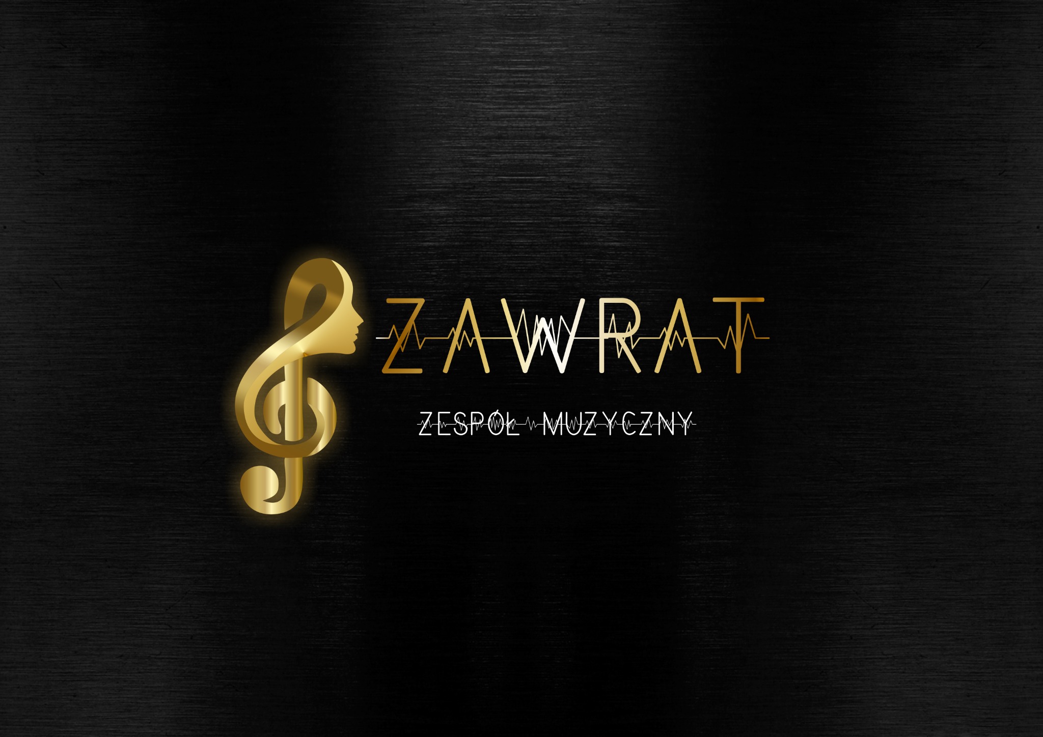 Złote logo zespołu muzycznego 'Zawrat' z kluczem wiolinowym w kształcie profilu twarzy i linią EKG w nazwie, na ciemnym, teksturowanym tle.