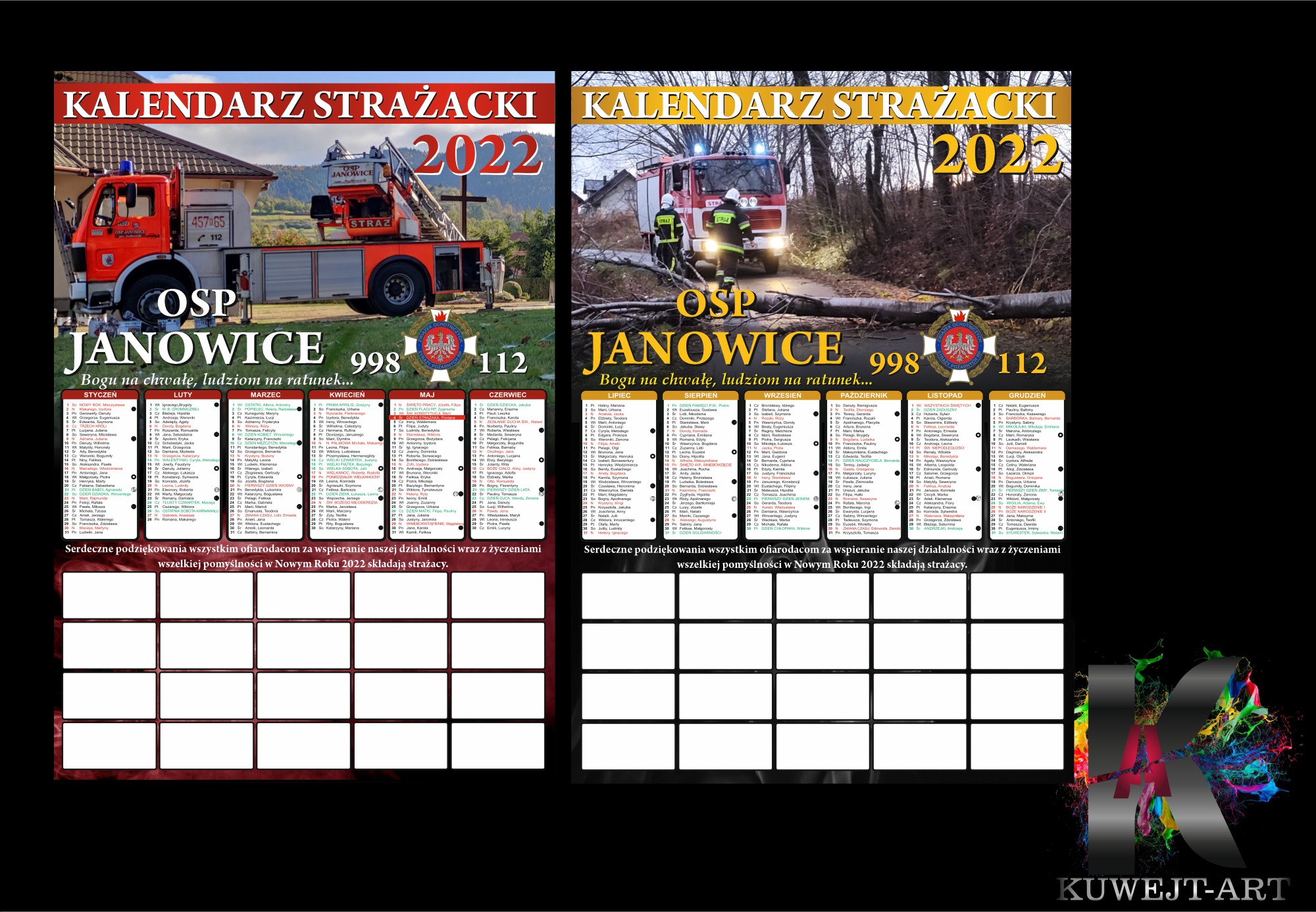 Dwa kalendarze strażackie na rok 2022, każdy przedstawiający zdjęcie wozu strażackiego na tle krajobrazu, z kalendarium na dole i logo OSP Janowice.