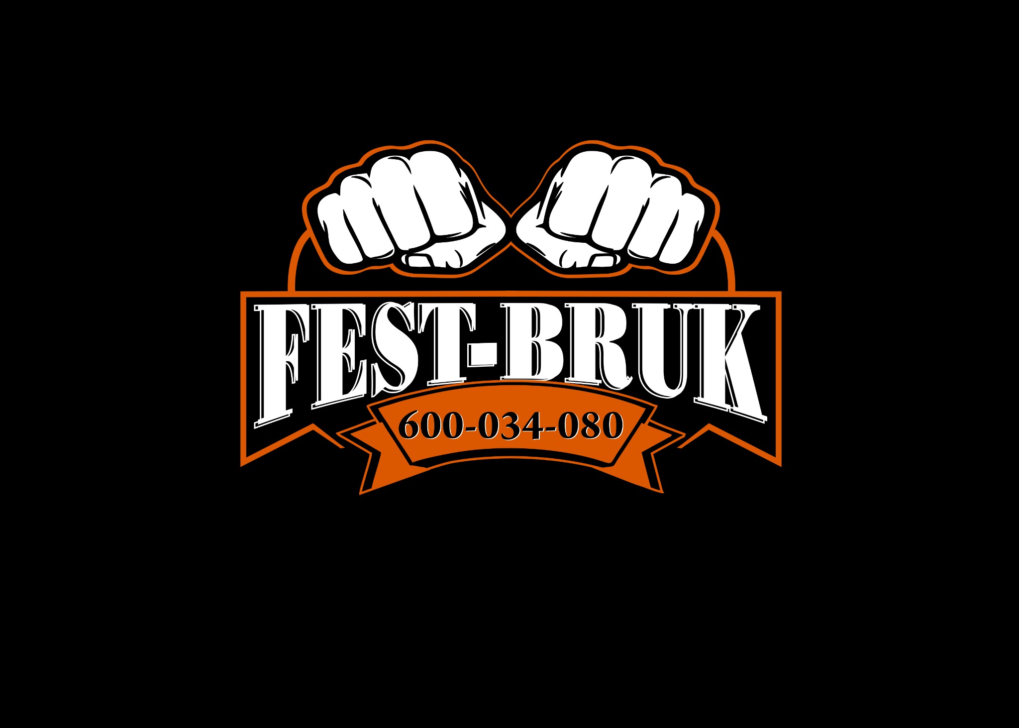 Grafika wektorowa logo firmy brukarskiej: Dwie zaciśnięte pięści nad nazwą 'FEST-BRUK' i numerem telefonu na pomarańczowym tle.