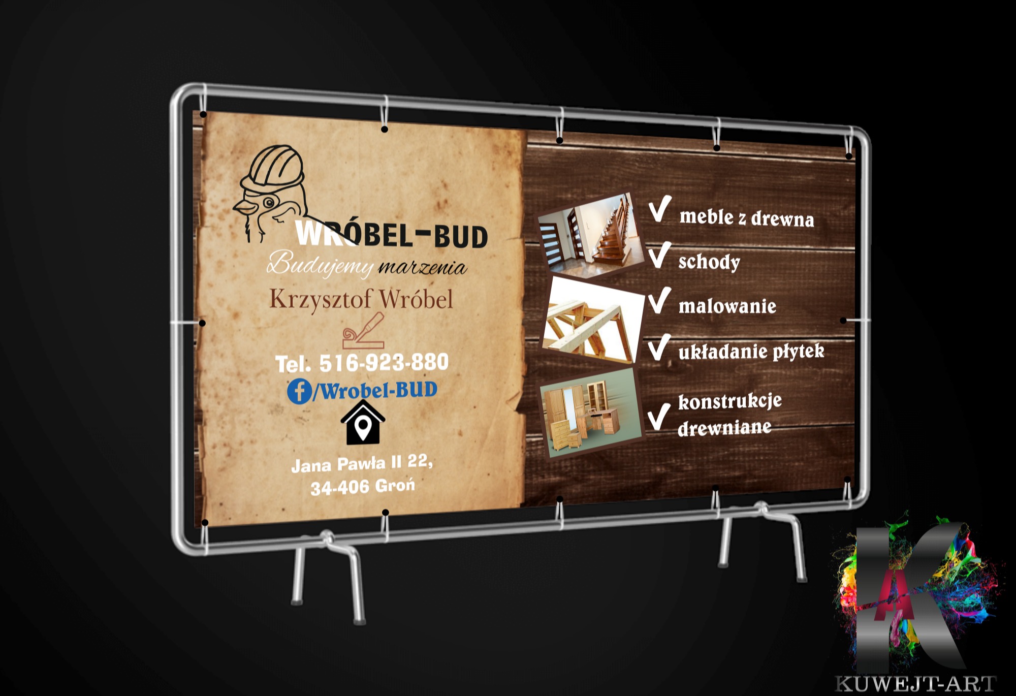 Reklama firmy budowlanej Wróbel-Bud na banerze z listą usług: meble z drewna, schody, malowanie, układanie płytek, konstrukcje drewniane.