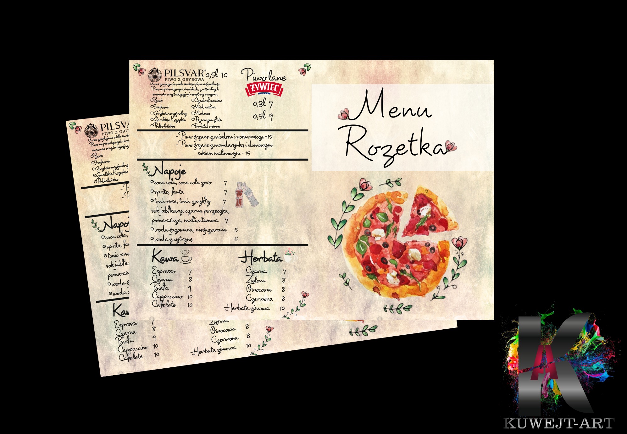 Menu restauracji 'Rozetka' z akwarelową grafiką pizzy i napojów, w tym piwa, kawy i herbaty, prezentowane w formie artystycznego projektu.