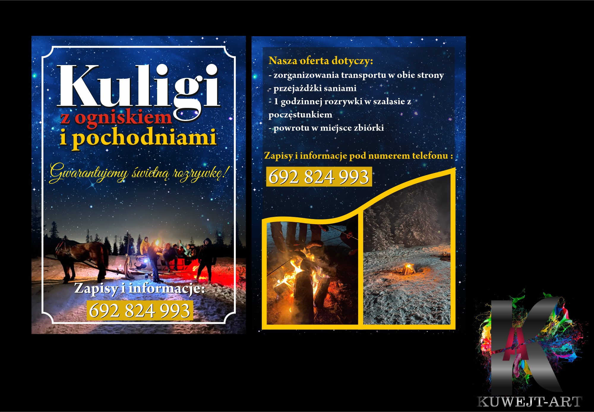 Plakat reklamujący kuligi z ogniskiem i pochodniami, oferujący transport, przejażdżki saniami i godzinę rozrywki w szałasie z poczęstunkiem, z numerem telefonu kontaktowym.