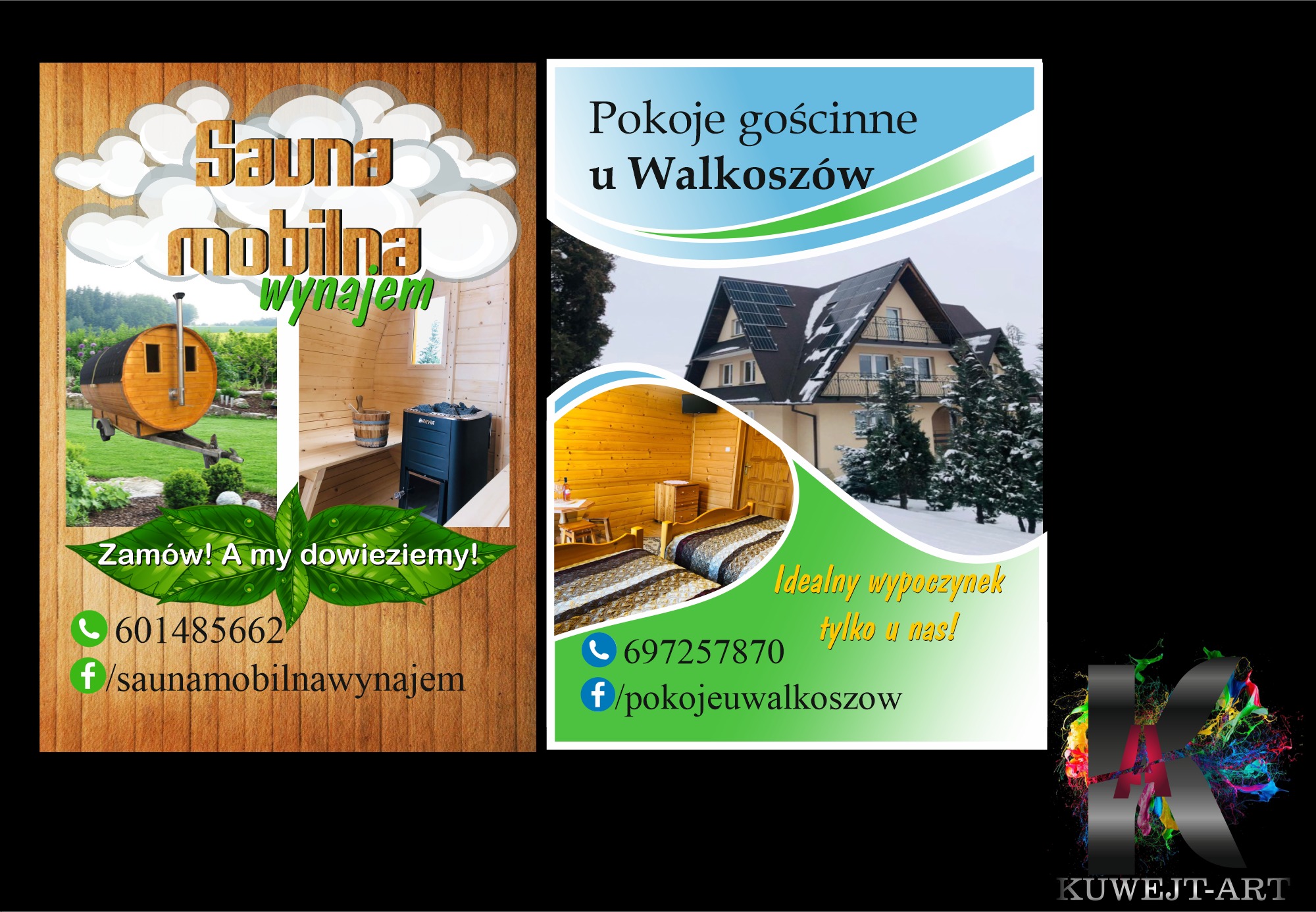 Projekt ulotki reklamowej prezentujący ofertę wynajmu sauny mobilnej oraz pokoi gościnnych w Bukowinie Tatrzańskiej, z numerami telefonów i adresami stron w mediach społecznościowych.