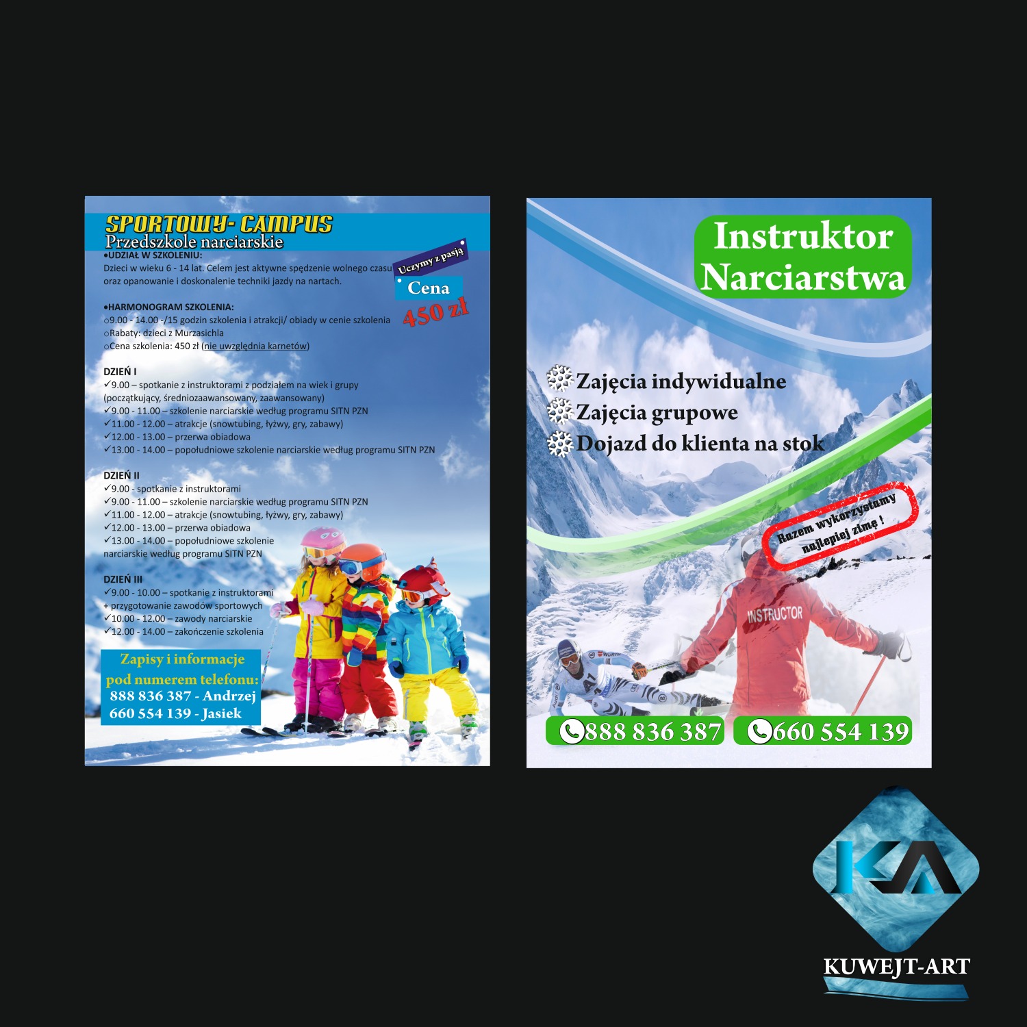 Plakat reklamujący szkółkę narciarską: harmonogram zajęć, cena, kontakt telefoniczny, instruktor na stoku i dzieci podczas lekcji narciarstwa.