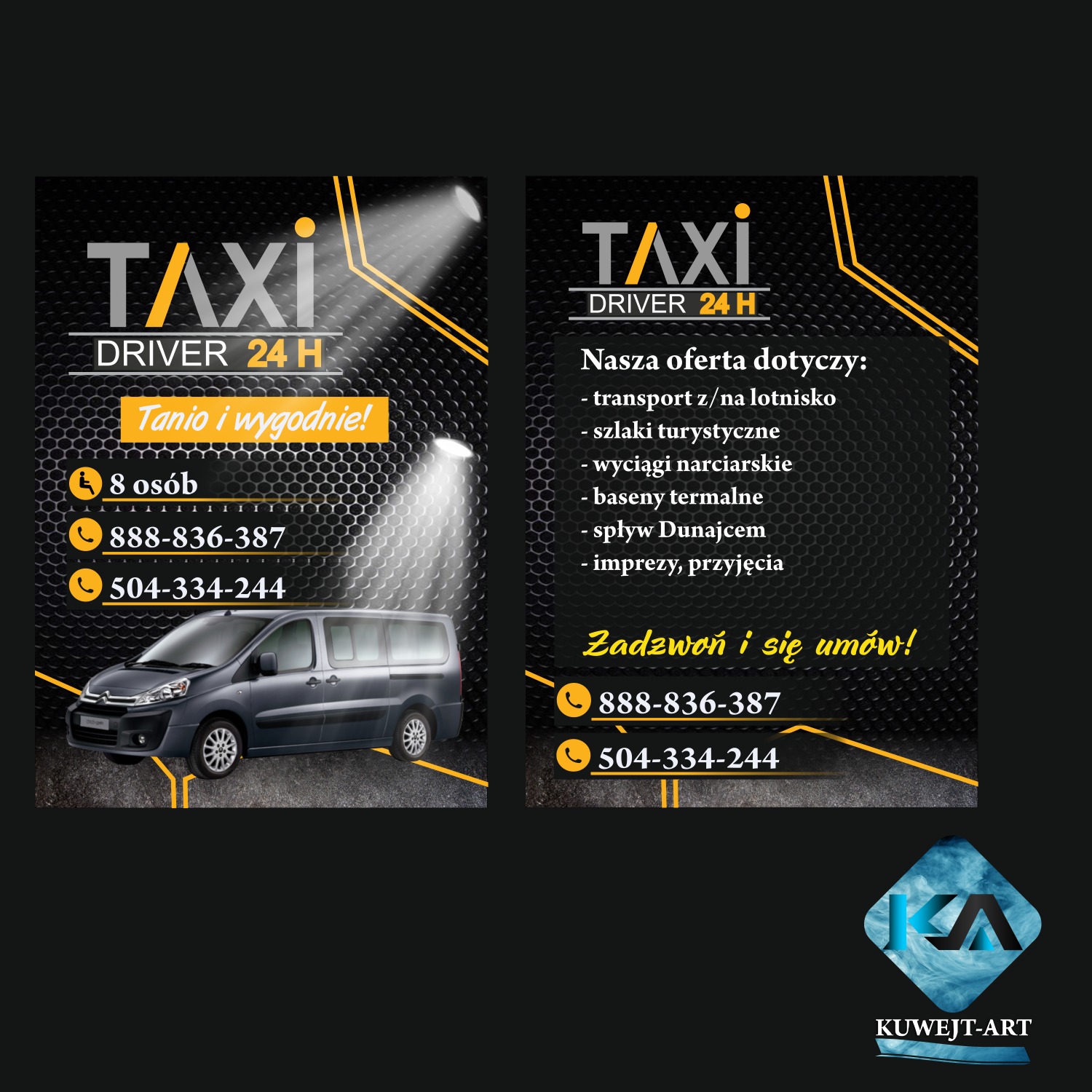 Projekt ulotki reklamującej usługi taksówkarskie z minibusem dla 8 osób, z hasłem 'Tanio i wygodnie!' oraz listą oferowanych tras, w tym transport na lotnisko i wycieczki.