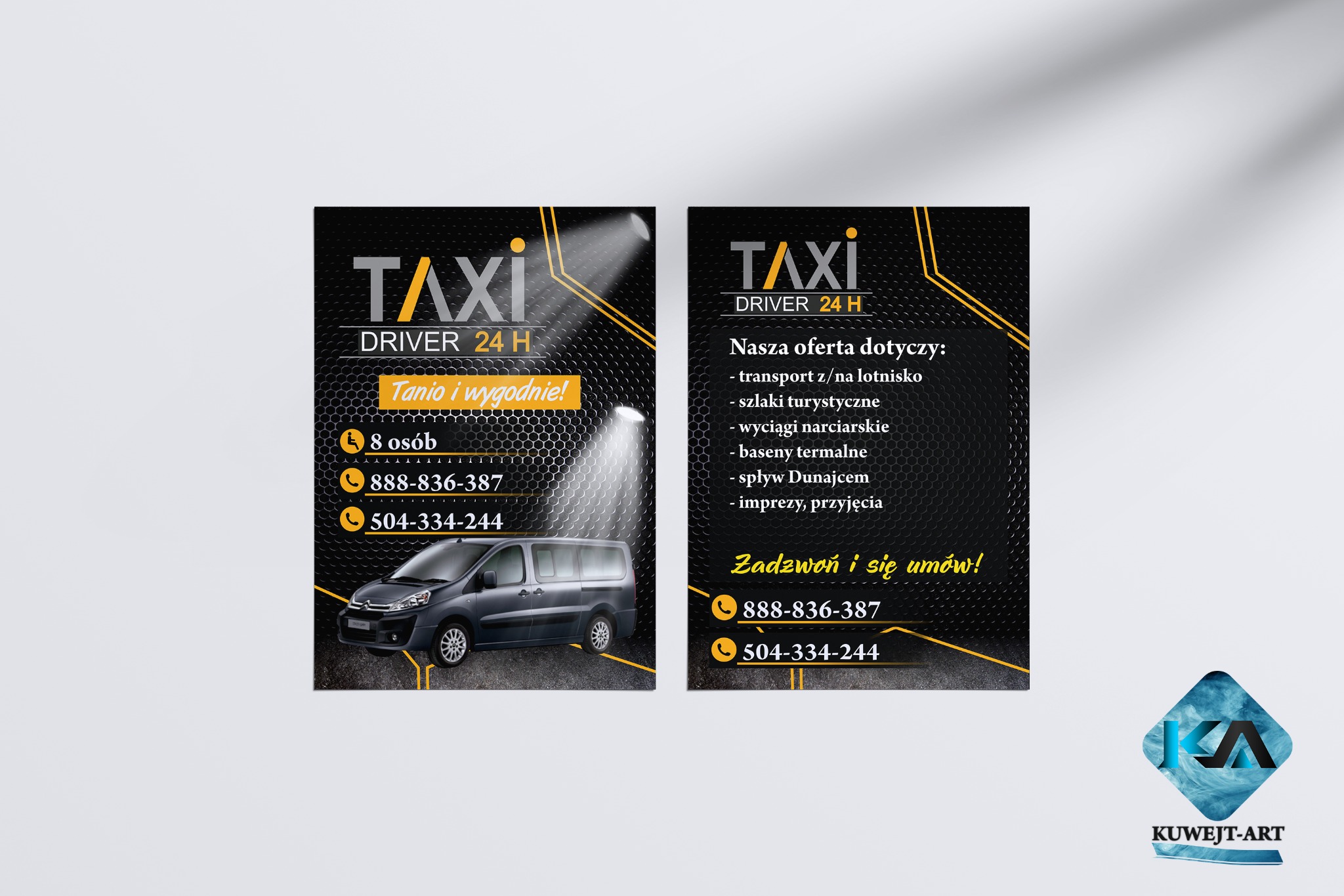 Projekt ulotki reklamowej firmy Taxi Driver 24H z minivanem, numerami telefonów i ofertą transportu na lotnisko, szlaków turystycznych, wyciągów narciarskich, basenów termalnych, spływów Dunajcem...