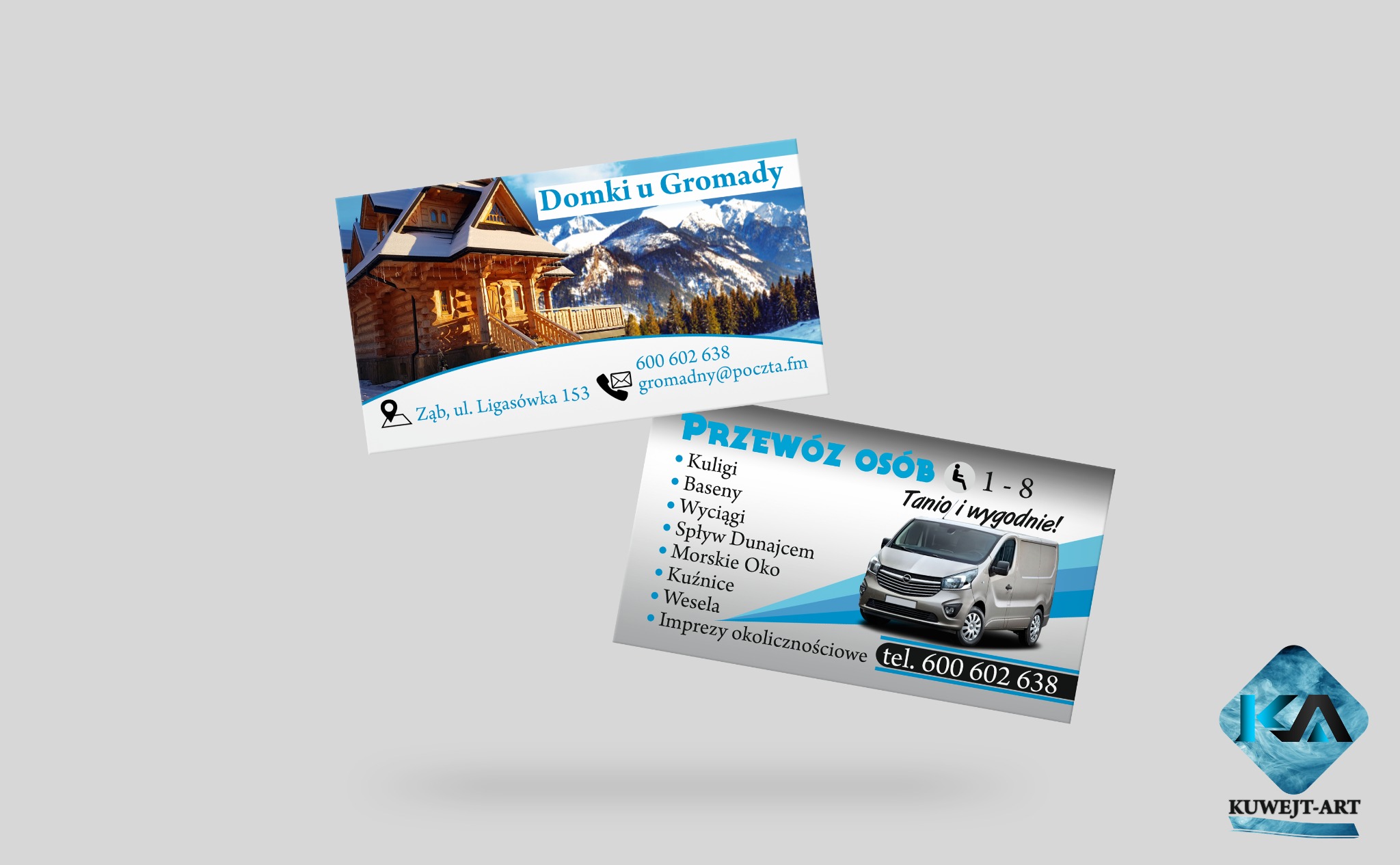 Dwie wizytówki leżące na szarym tle: jedna z ilustracją drewnianego domu w górach i napisem 'Domki u Gromady', druga z grafiką busa i hasłem 'Przewóz osób 1-8. Tanio i wygodnie!'