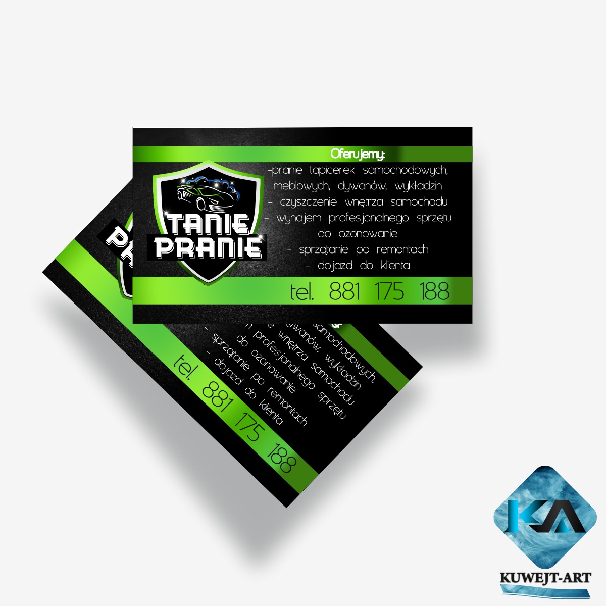 Dwie wizytówki z czarno-zielonym motywem, prezentujące ofertę prania tapicerek samochodowych, meblowych, dywanów oraz czyszczenia wnętrz aut, z numerem telefonu i logotypem.
