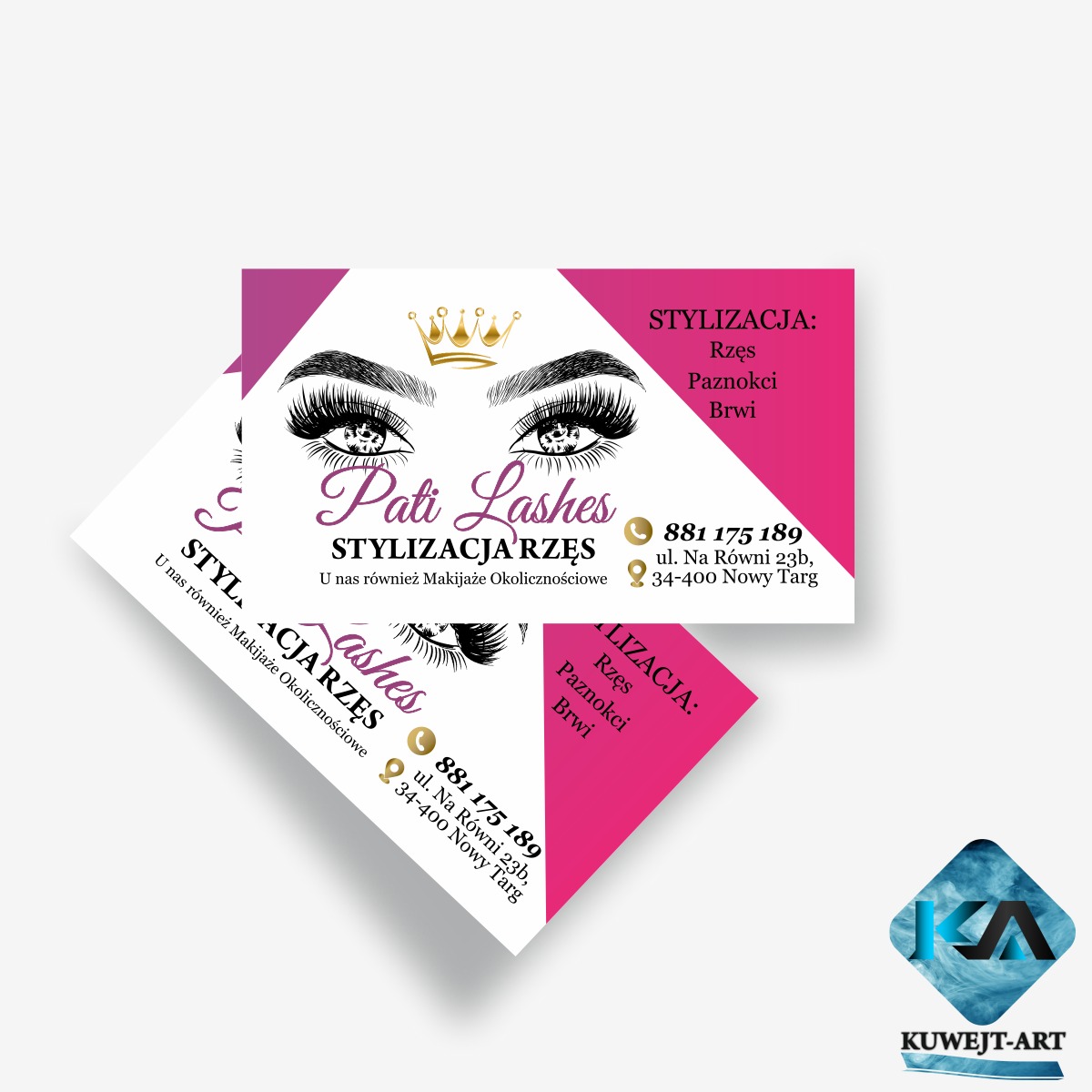Dwie wizytówki salonu stylizacji rzęs Pati Lashes, z grafiką oka z długimi rzęsami i koroną, informacje kontaktowe oraz oferta makijażu okolicznościowego.