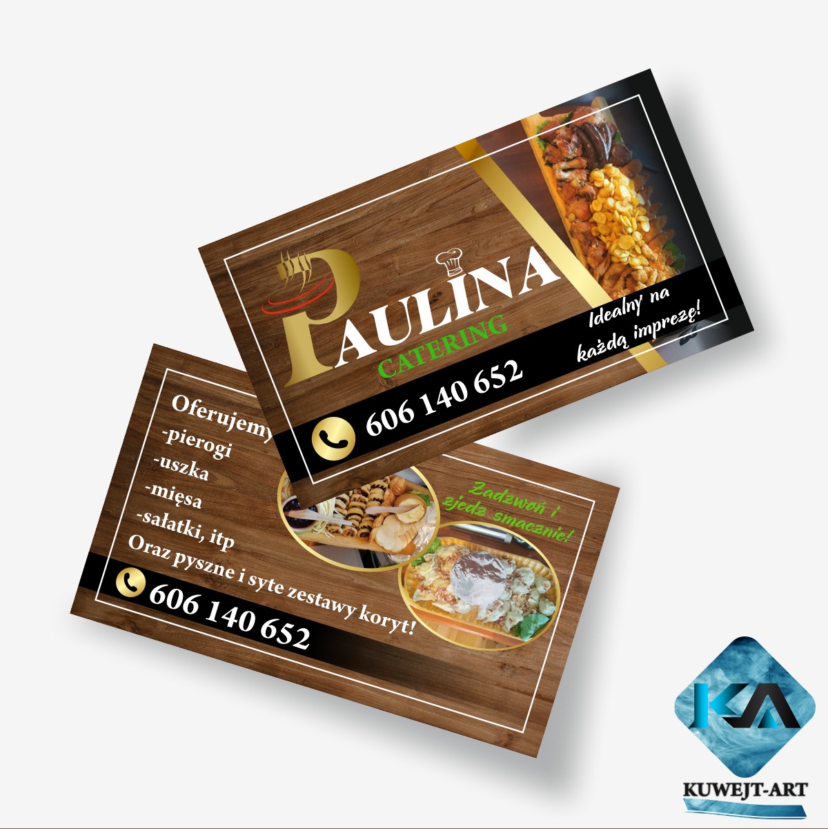 Dwie wizytówki firmy cateringowej Paulina Catering z elementami graficznymi potraw, logo i danymi kontaktowymi na tle imitującym drewno.