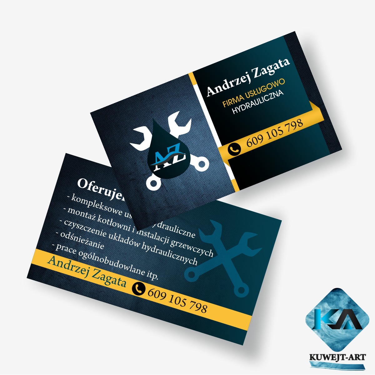 Dwie wizytówki firmy hydraulicznej Andrzej Zagata z motywem kluczy francuskich i numerem telefonu, ułożone na białym tle.