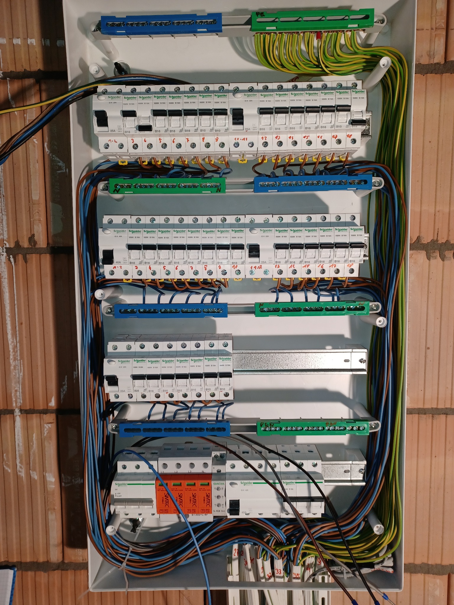 Rozdzielnica elektryczna z zamontowanymi bezpiecznikami i podłączonymi przewodami o różnych kolorach, widoczna na tle ściany z cegieł. Przewody starannie ułożone, uporządkowane w wiązki.