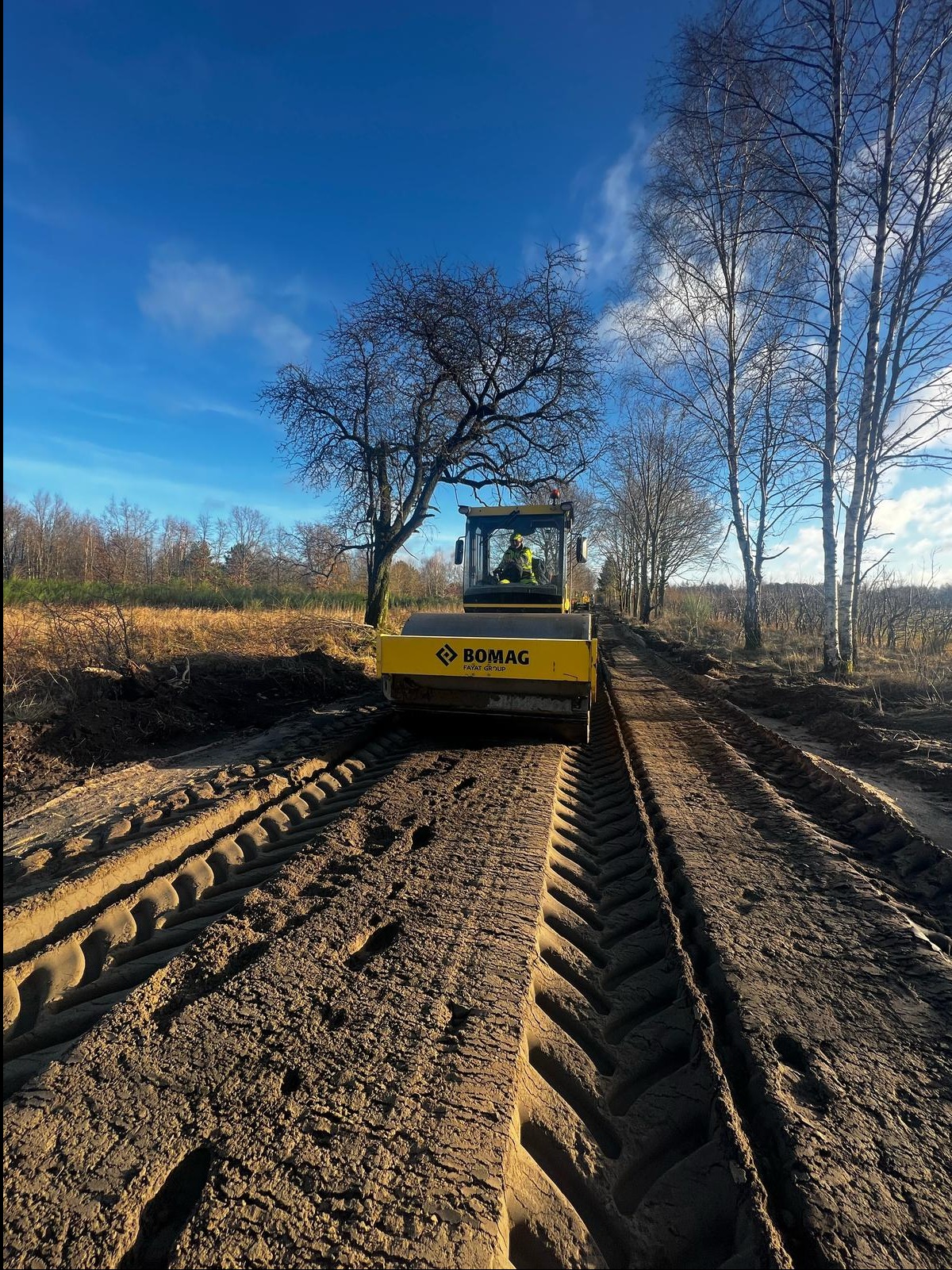 Żółty walec drogowy Bomag ubija ziemię na tle drzew i błękitnego nieba. Widoczne ślady opon. Operator w kabinie. Prace ziemne w toku.