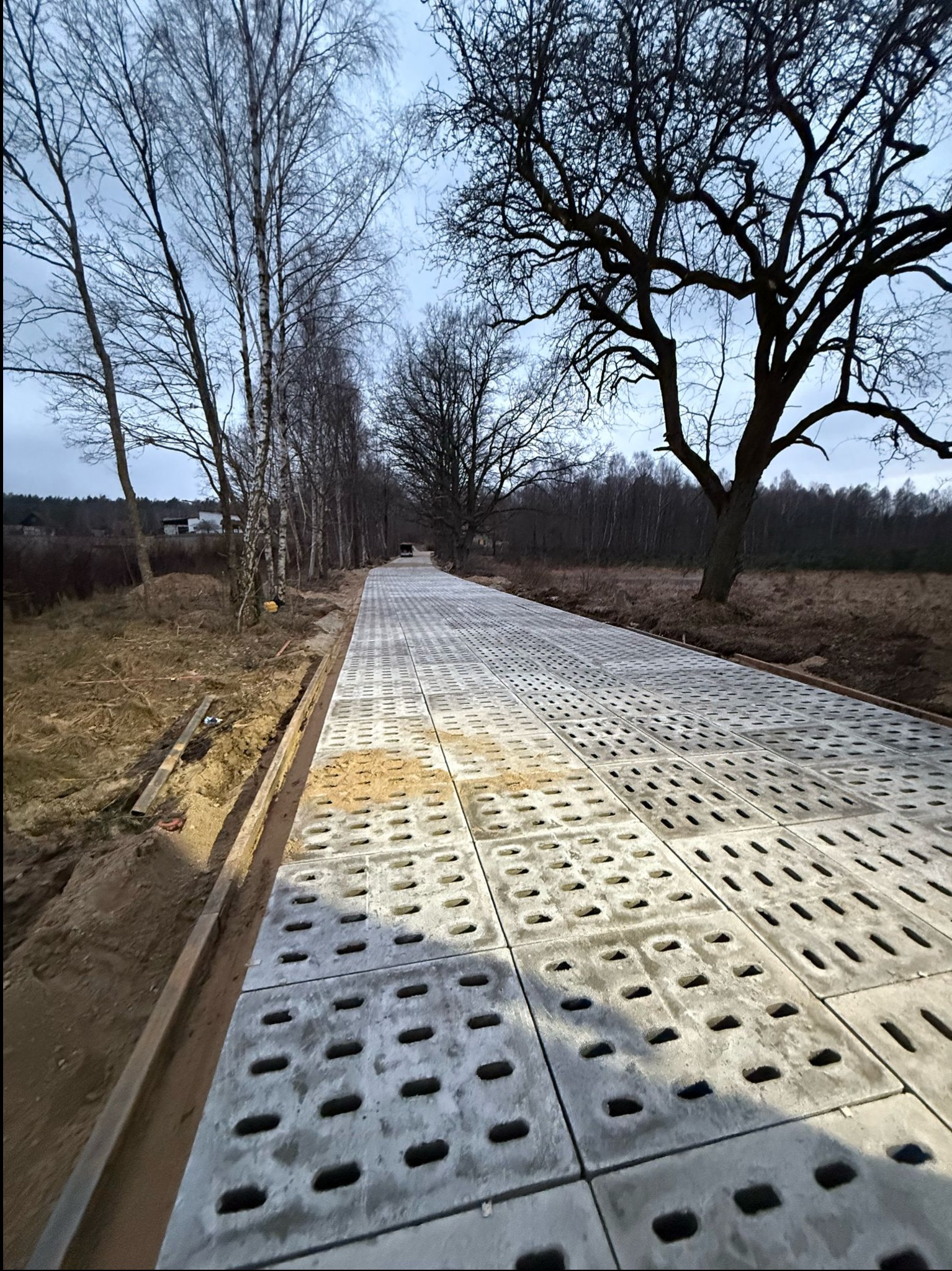 Układanie ażurowej kostki brukowej na drodze gruntowej, widok z perspektywy, drzewa bez liści w tle, wczesna faza budowy, oświetlenie dzienne.