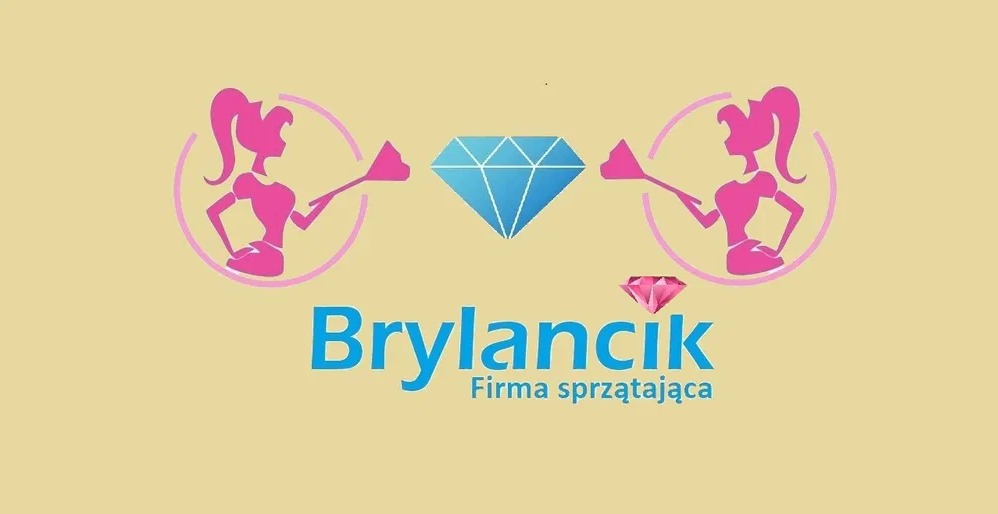 Logo firmy sprzątającej 'Brylancik' z sylwetkami kobiet z mopami, diamentem i nazwą firmy na beżowym tle.