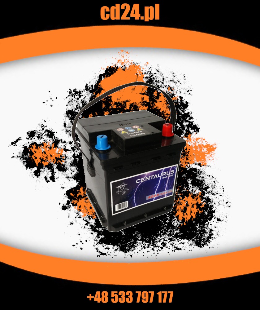 Czarny akumulator samochodowy Centaurus z niebieskim i czerwonym zaciskiem na abstrakcyjnym, pomarańczowo-czarnym tle z numerem telefonu.