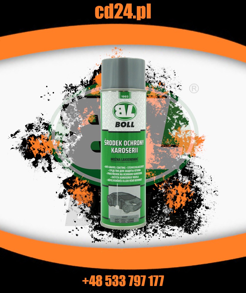 Puszka sprayu Boll, środek do ochrony karoserii, z informacją o możliwości lakierowania, na tle z elementami graficznymi w kolorach pomarańczowym, szarym i czarnym.